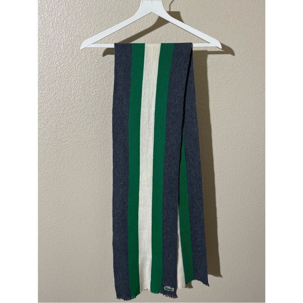 Lacoste Green White and Navy Striped Knit Scarf